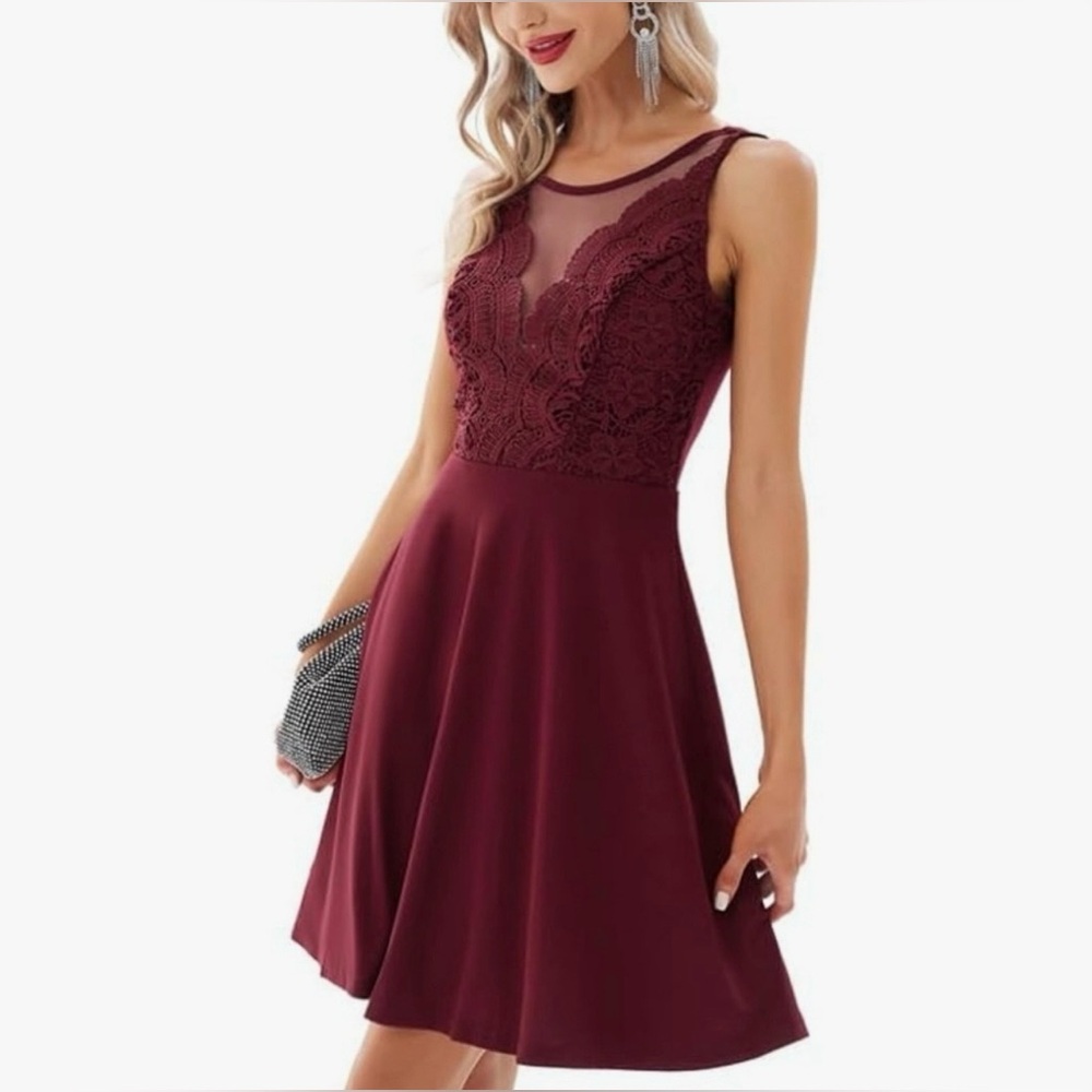 Grace Karin Sleeveless Lace Patchwork Deep V-Neck A Line Flared Dress Burgundy